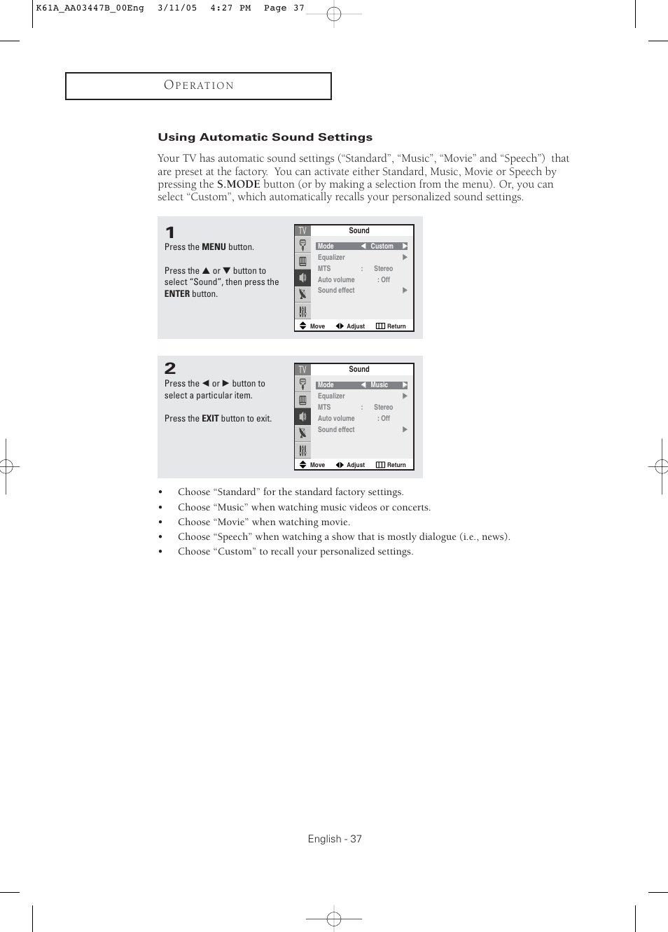 Using automatic sound settings | Samsung DynaFlat TX R3265 User Manual | Page 37 / 68