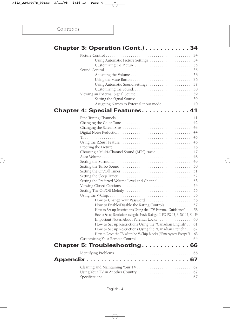 Chapter 3: operation (cont.), Chapter 4: special features, Chapter 5: troubleshooting | Appendix | Samsung DynaFlat TX R3265 User Manual | Page 4 / 68