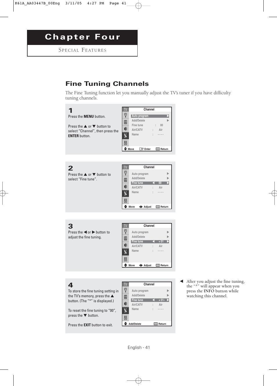 Chapter 4: special features, Fine tuning channels | Samsung DynaFlat TX R3265 User Manual | Page 41 / 68