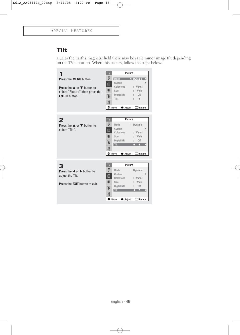 Tilt | Samsung DynaFlat TX R3265 User Manual | Page 45 / 68