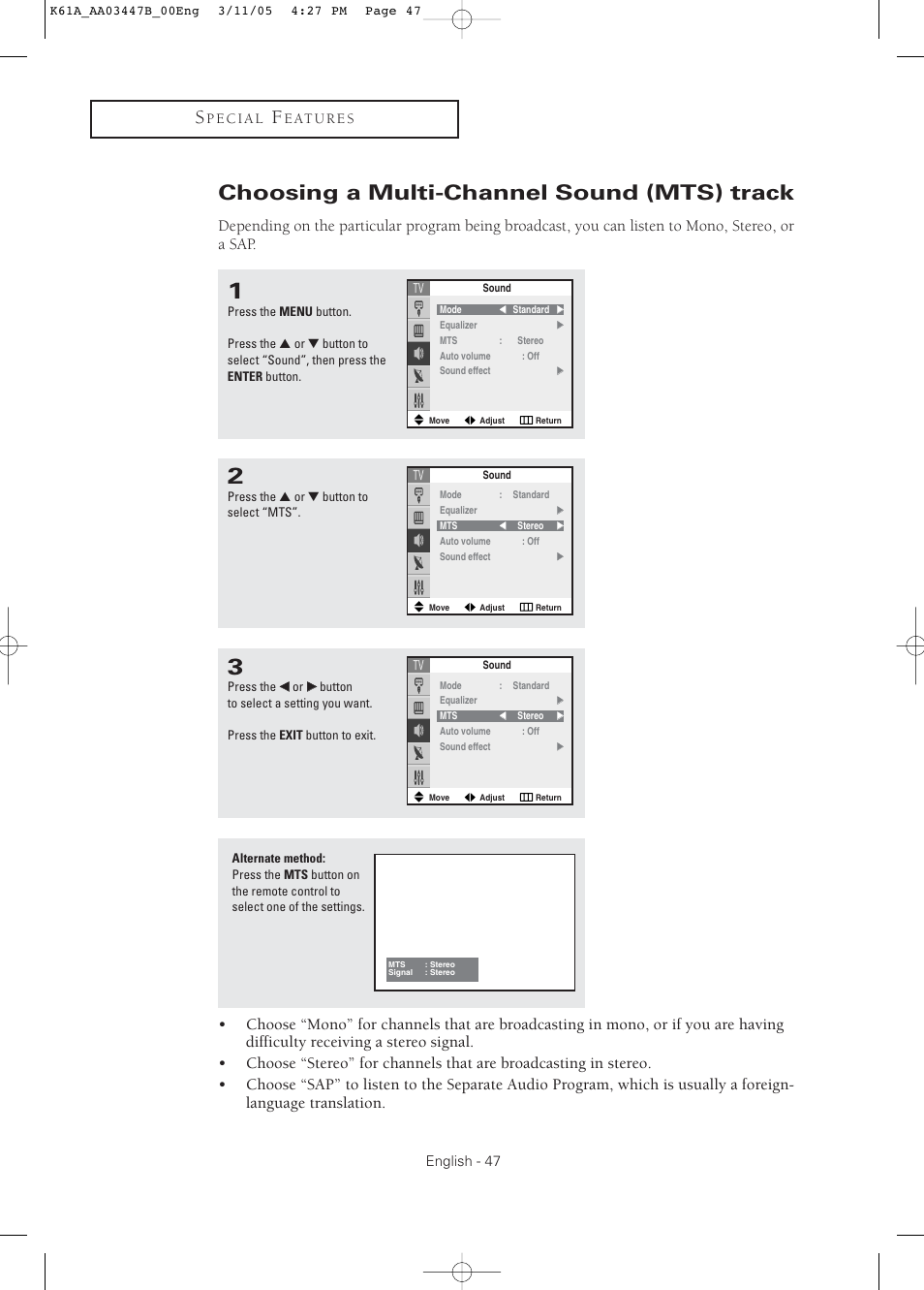 Choosing a multi-channel sound (mts) track | Samsung DynaFlat TX R3265 User Manual | Page 47 / 68