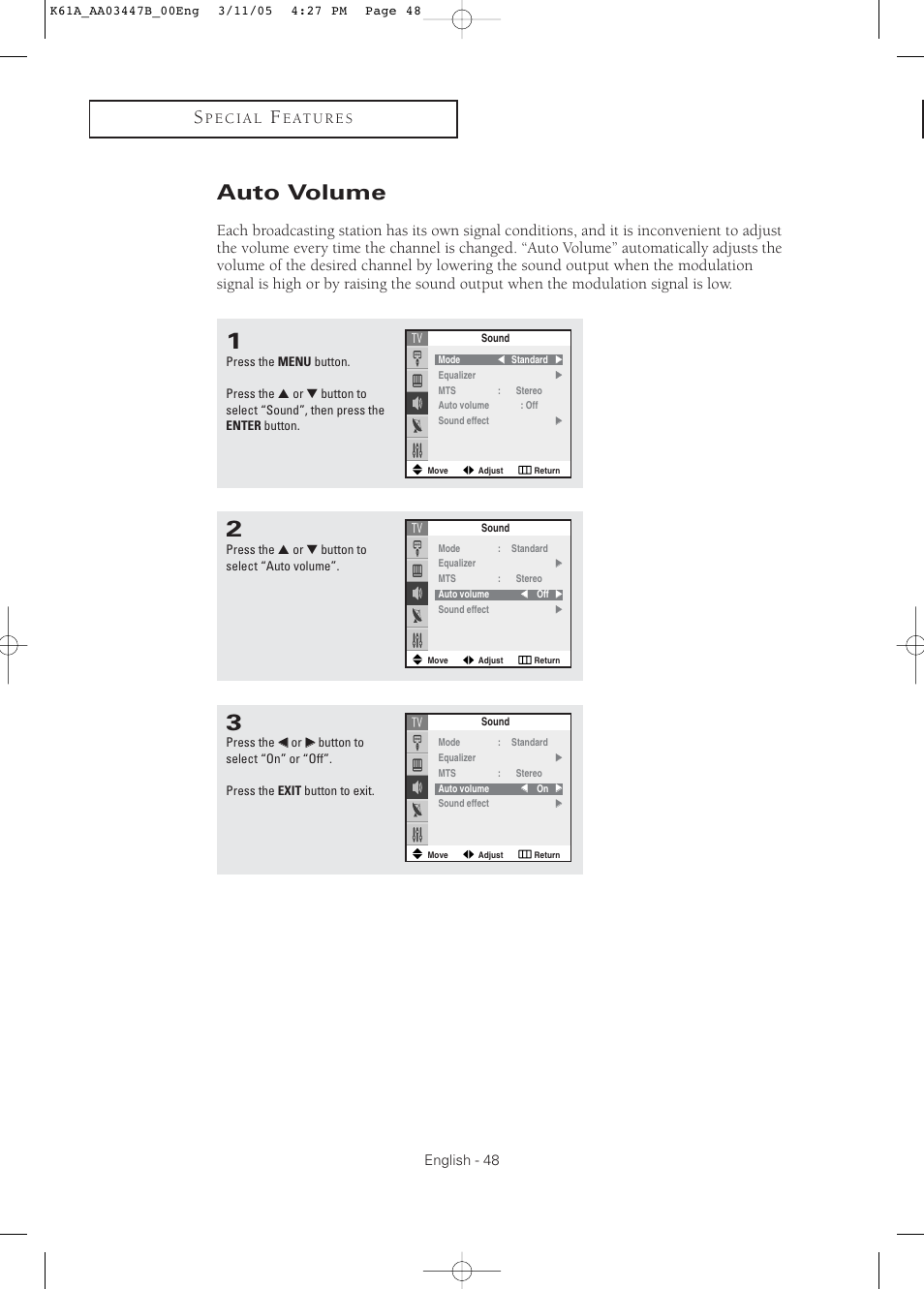 Auto volume | Samsung DynaFlat TX R3265 User Manual | Page 48 / 68