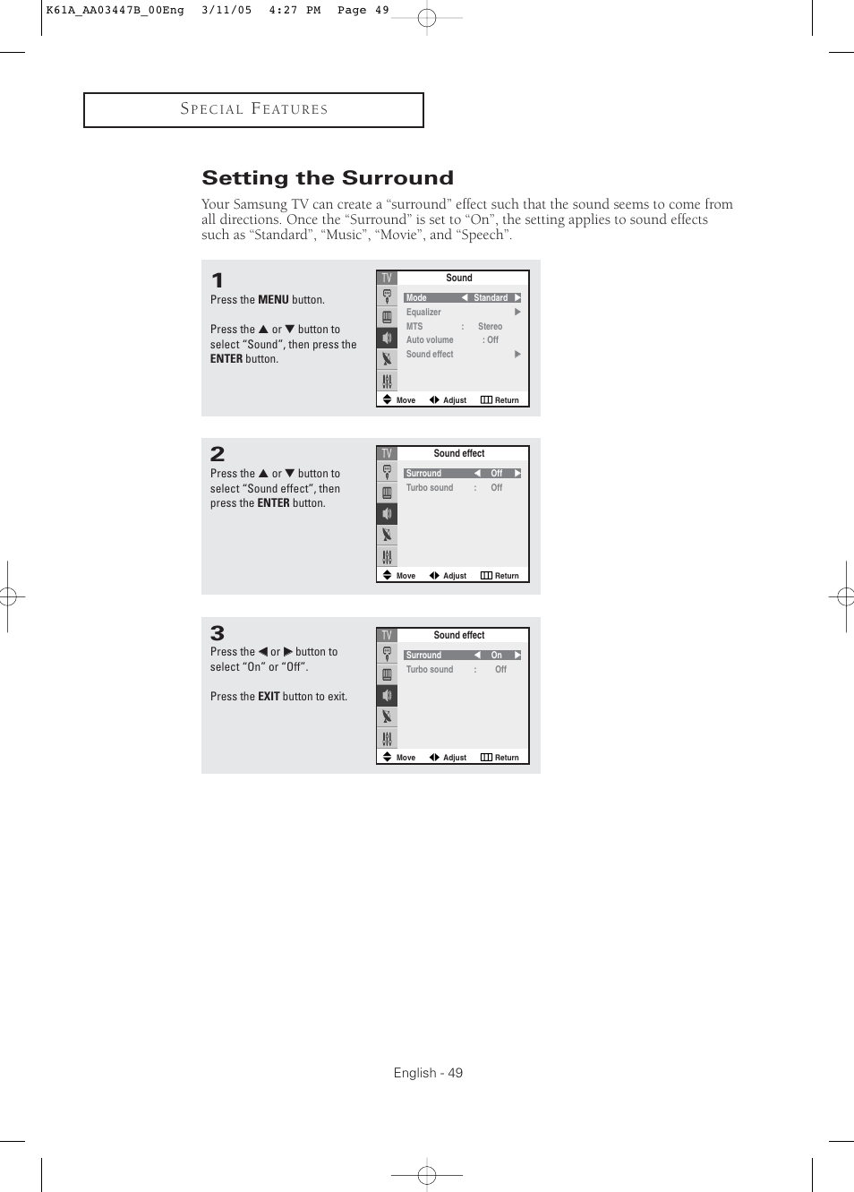 Setting the surround | Samsung DynaFlat TX R3265 User Manual | Page 49 / 68