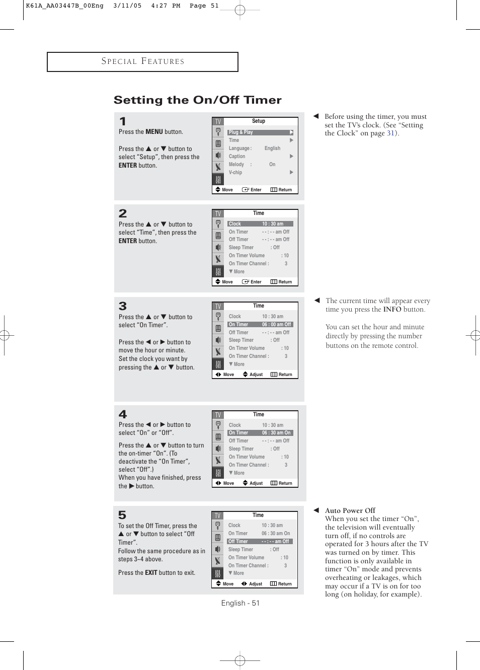 Setting the on/off timer | Samsung DynaFlat TX R3265 User Manual | Page 51 / 68
