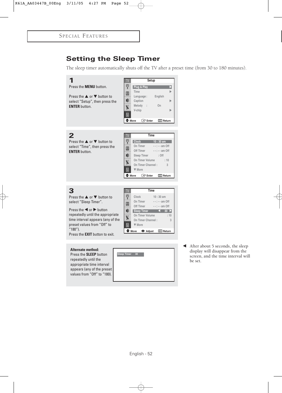 Setting the sleep timer | Samsung DynaFlat TX R3265 User Manual | Page 52 / 68