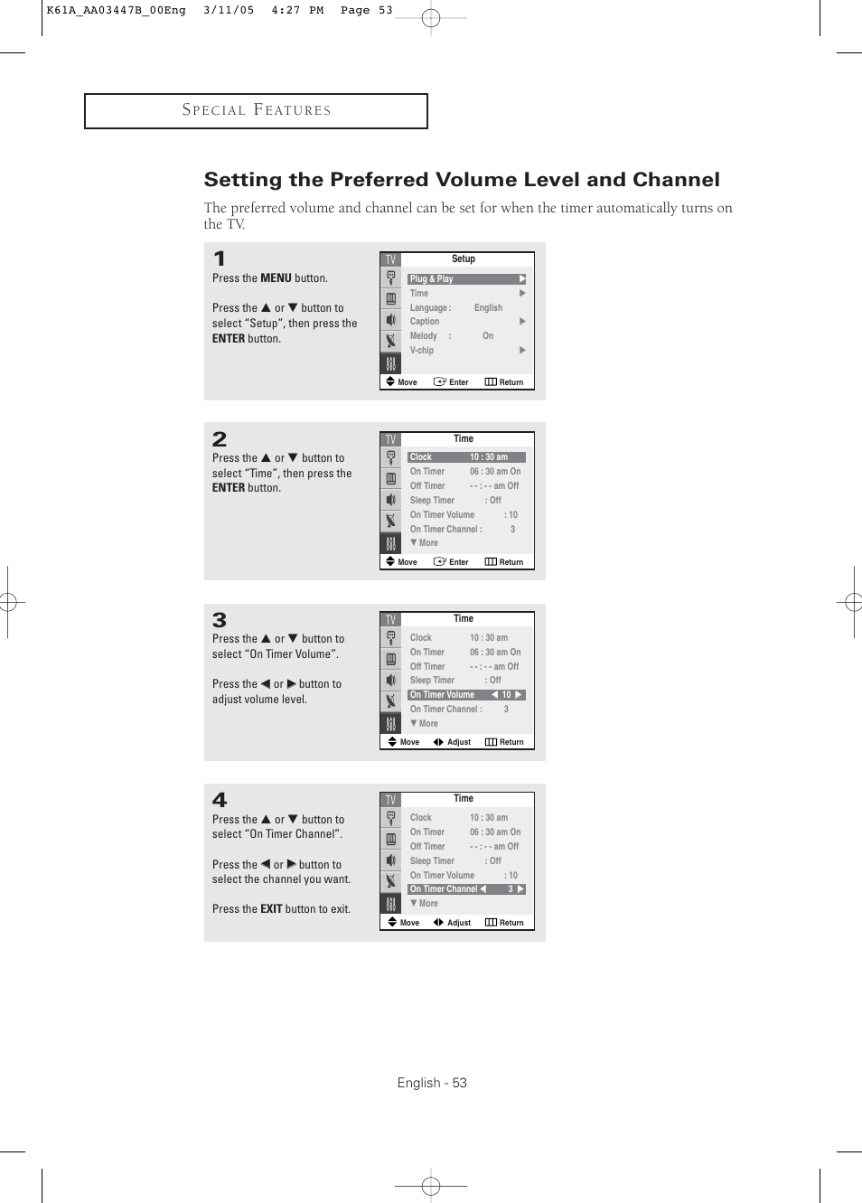 Setting the preferred volume level and channel | Samsung DynaFlat TX R3265 User Manual | Page 53 / 68