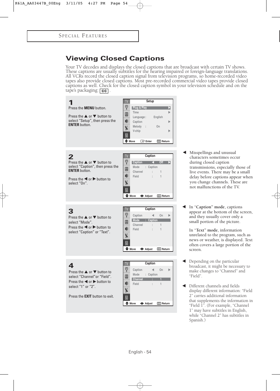 Viewing closed captions | Samsung DynaFlat TX R3265 User Manual | Page 54 / 68