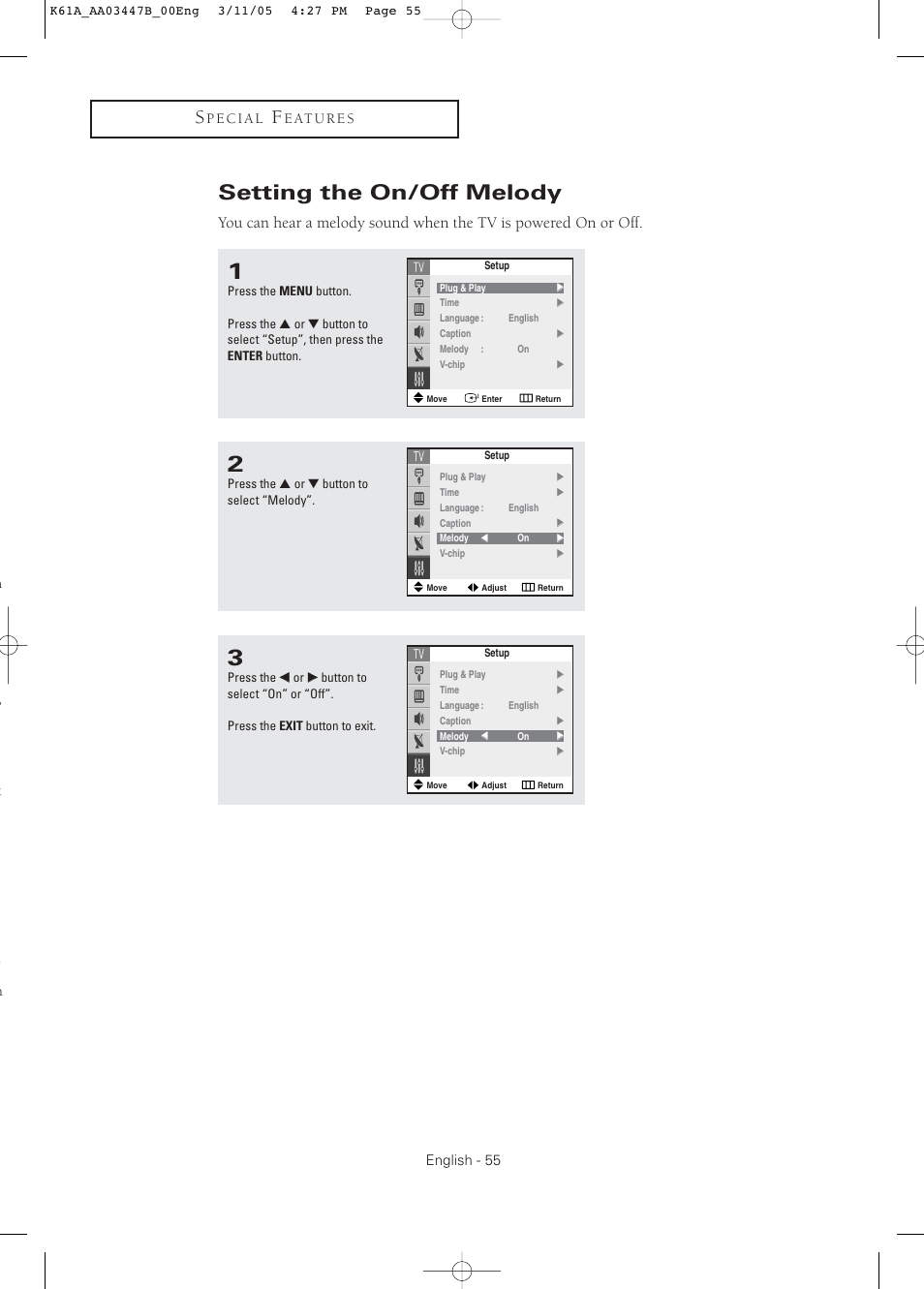 Setting the on/off melody, N, t d n | Samsung DynaFlat TX R3265 User Manual | Page 55 / 68