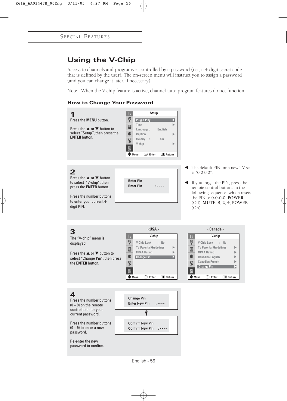 Using the v-chip, How to change your password | Samsung DynaFlat TX R3265 User Manual | Page 56 / 68