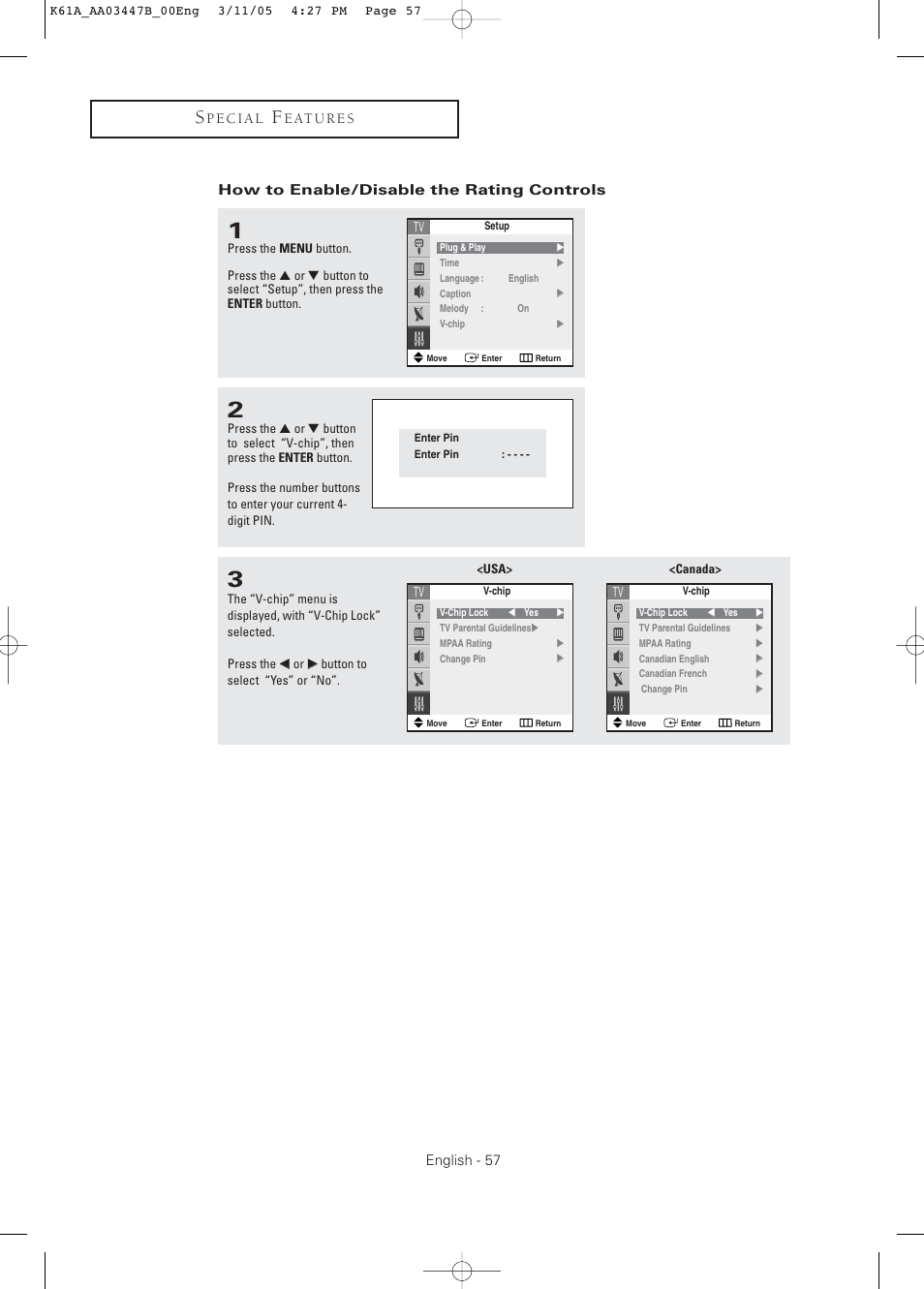 How to enable/disable the rating controls | Samsung DynaFlat TX R3265 User Manual | Page 57 / 68