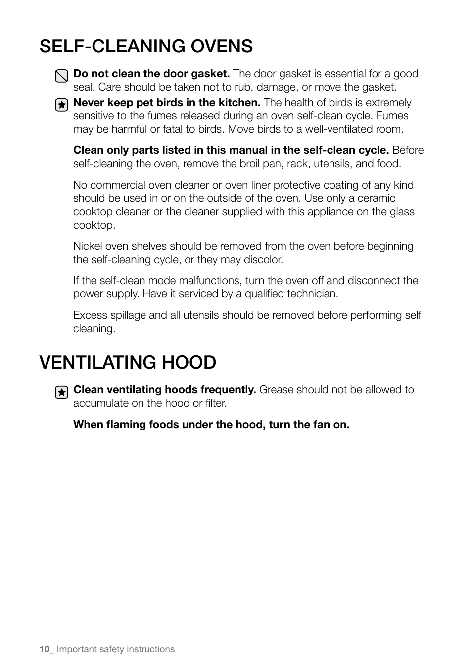 Self-cleaning ovens, Ventilating hood | Samsung FE-N500** User Manual | Page 10 / 72