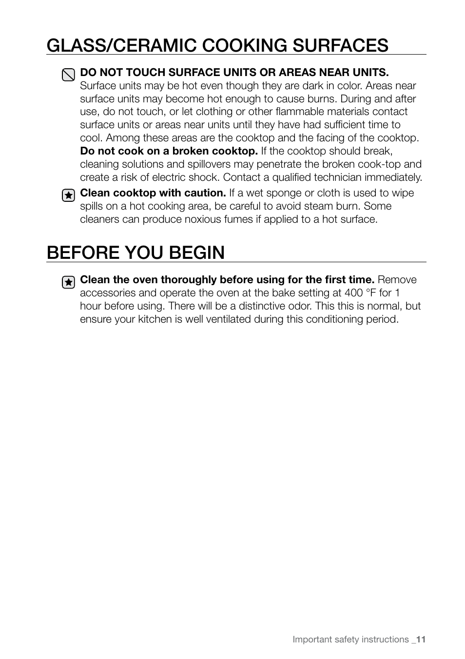 Glass/ceramic cooking surfaces, Before you begin | Samsung FE-N500** User Manual | Page 11 / 72