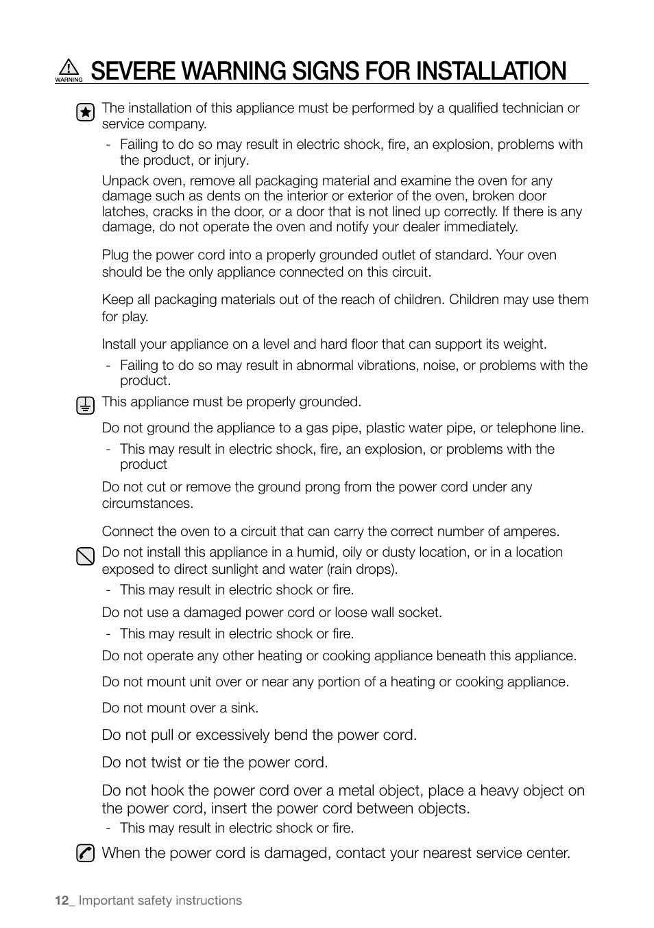 Severe warning signs for installation | Samsung FE-N500** User Manual | Page 12 / 72