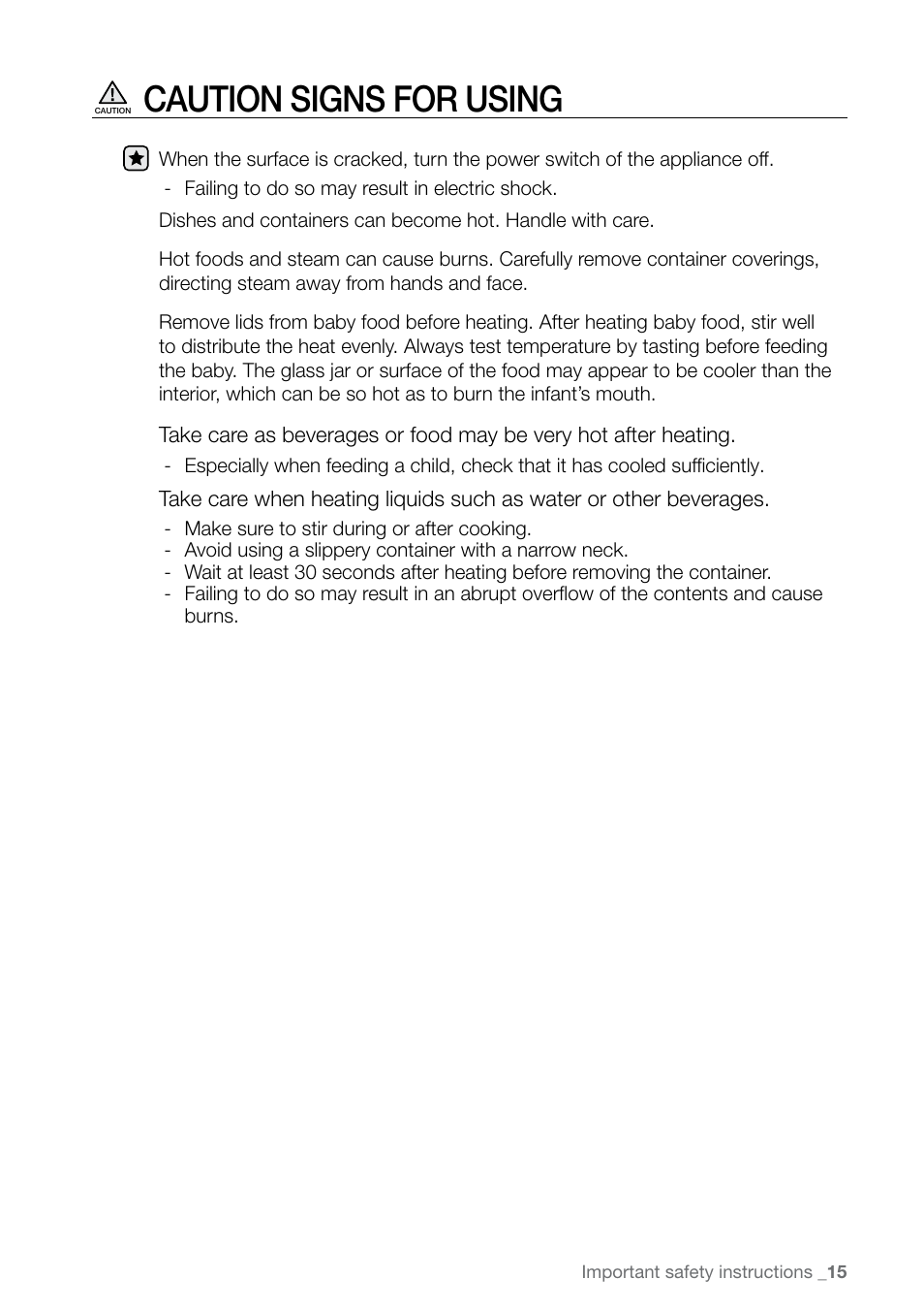 Caution signs for using | Samsung FE-N500** User Manual | Page 15 / 72
