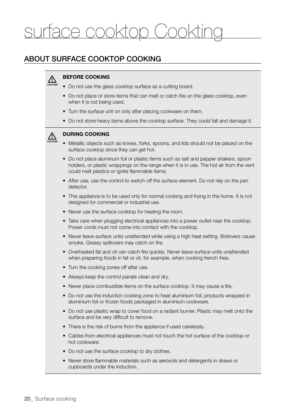 Surface cooktop cookting, About surface cooktop cooking | Samsung FE-N500** User Manual | Page 20 / 72