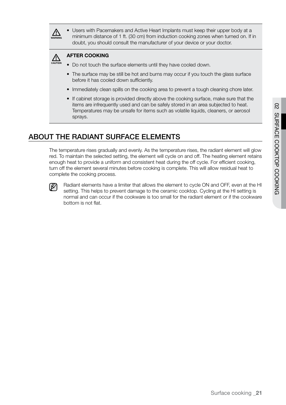 About the radiant surface elements | Samsung FE-N500** User Manual | Page 21 / 72