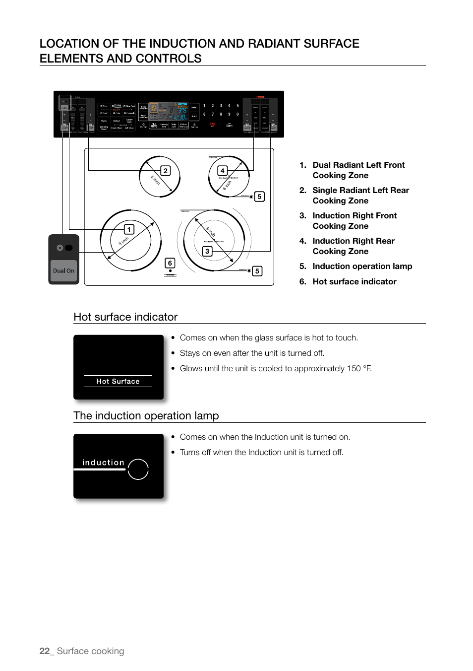 Hot surface indicator, The induction operation lamp | Samsung FE-N500** User Manual | Page 22 / 72