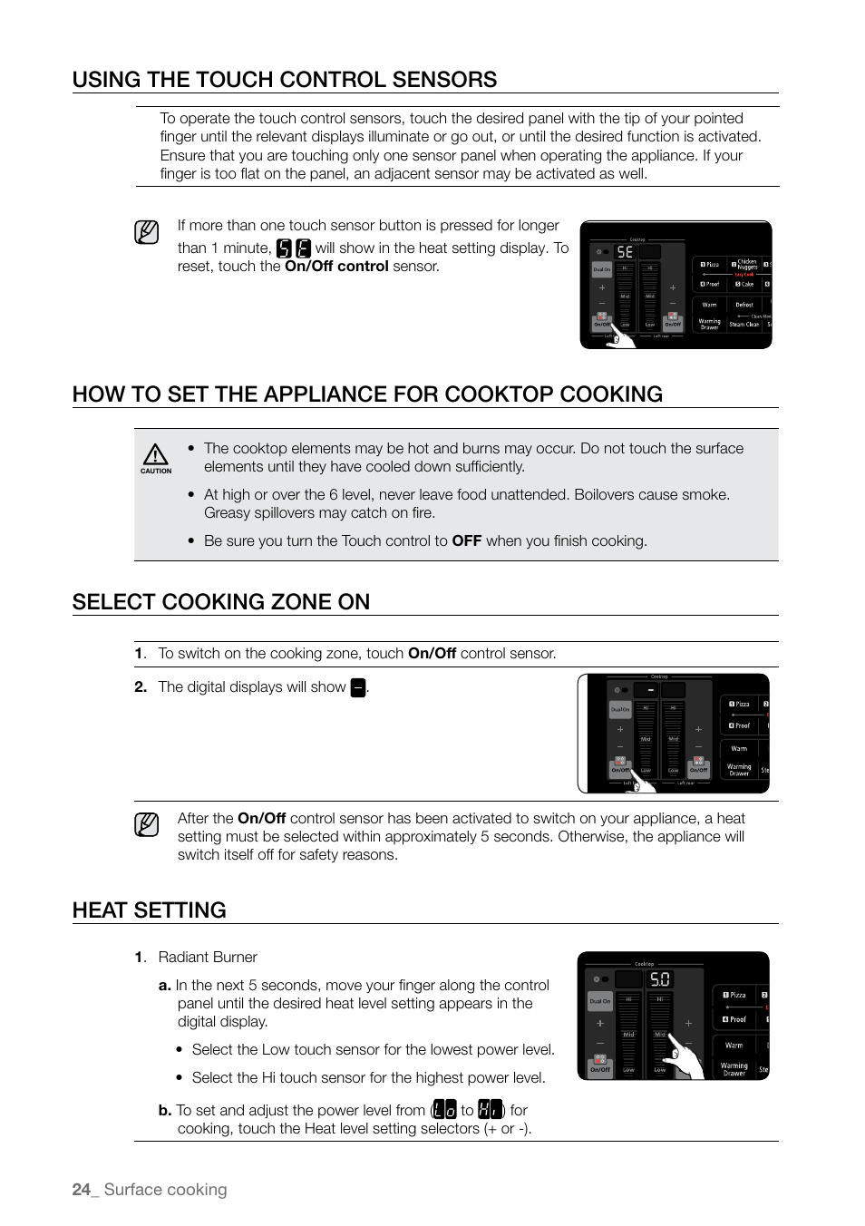 Using the touch control sensors, How to set the appliance for cooktop cooking, Select cooking zone on | Heat setting | Samsung FE-N500** User Manual | Page 24 / 72