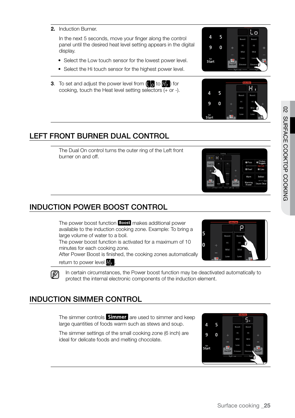 Left front burner dual control, Induction power boost control, Induction simmer control | Samsung FE-N500** User Manual | Page 25 / 72