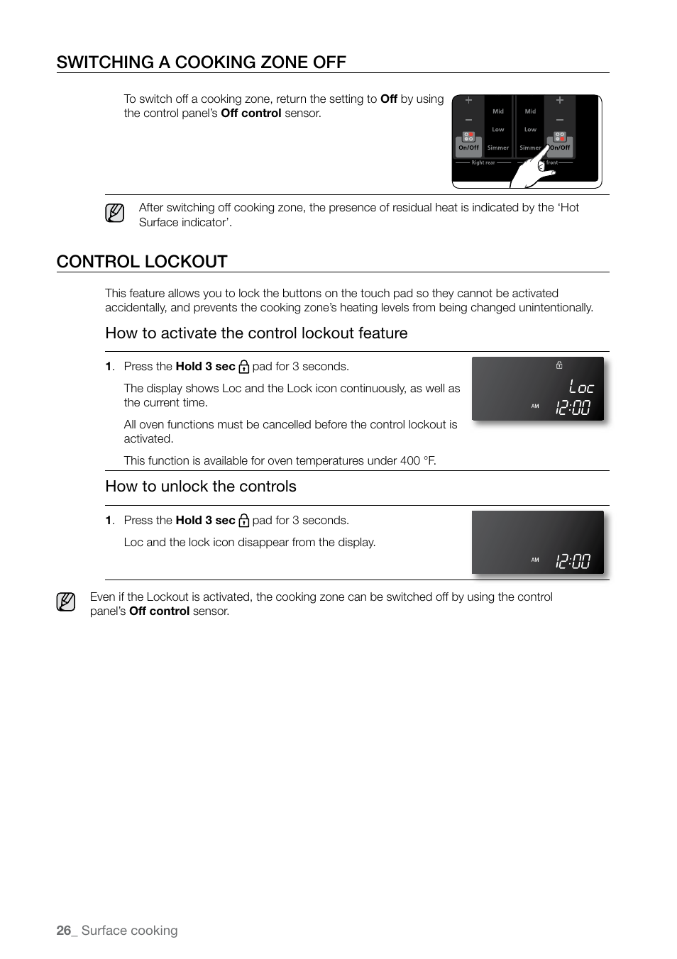 Switching a cooking zone off, Control lockout, How to activate the control lockout feature | How to unlock the controls | Samsung FE-N500** User Manual | Page 26 / 72