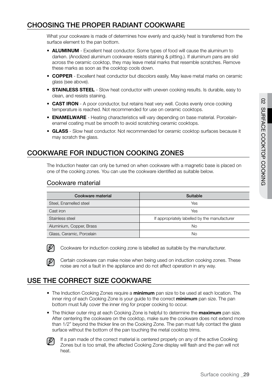 Choosing the proper radiant cookware, Cookware for induction cooking zones, Use the correct size cookware | Cookware material | Samsung FE-N500** User Manual | Page 29 / 72