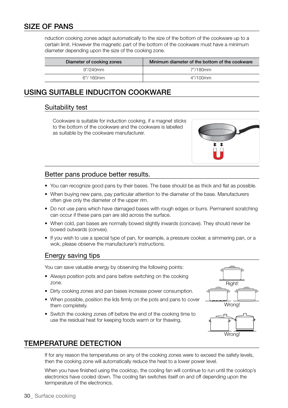 Size of pans, Using suitable induciton cookware, Temperature detection | Suitability test, Better pans produce better results, Energy saving tips | Samsung FE-N500** User Manual | Page 30 / 72