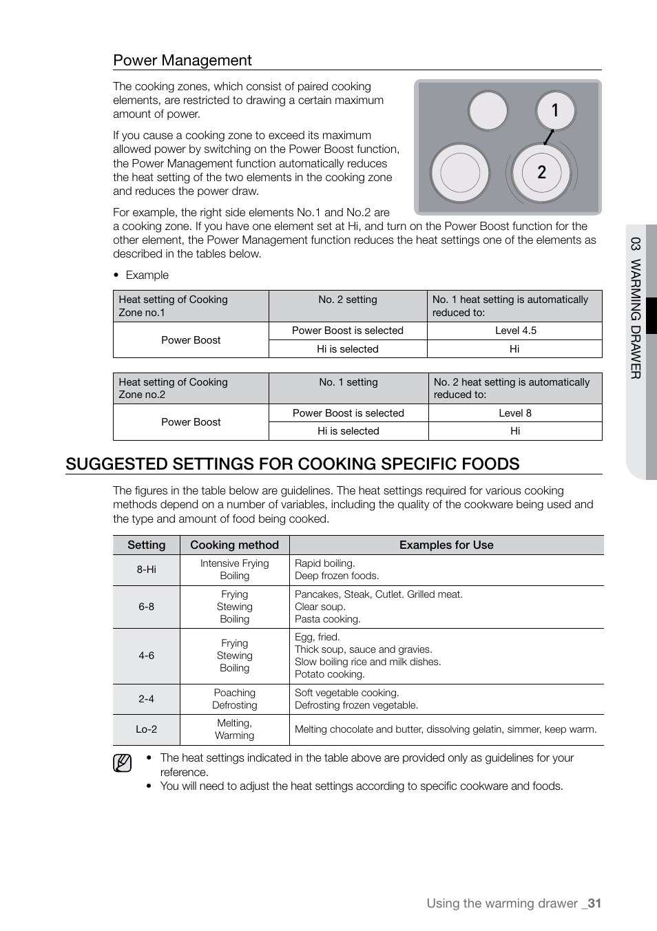 Suggested settings for cooking specific foods, Power management | Samsung FE-N500** User Manual | Page 31 / 72
