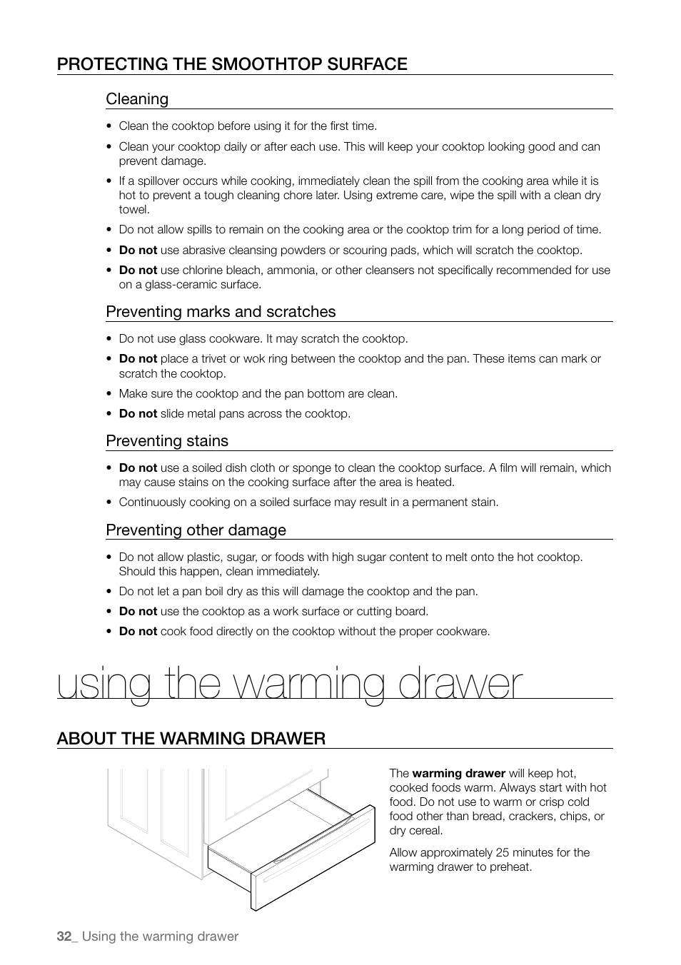 Using the warming drawer, About the warming drawer, Protecting the smoothtop surface | Cleaning, Preventing marks and scratches, Preventing stains, Preventing other damage | Samsung FE-N500** User Manual | Page 32 / 72