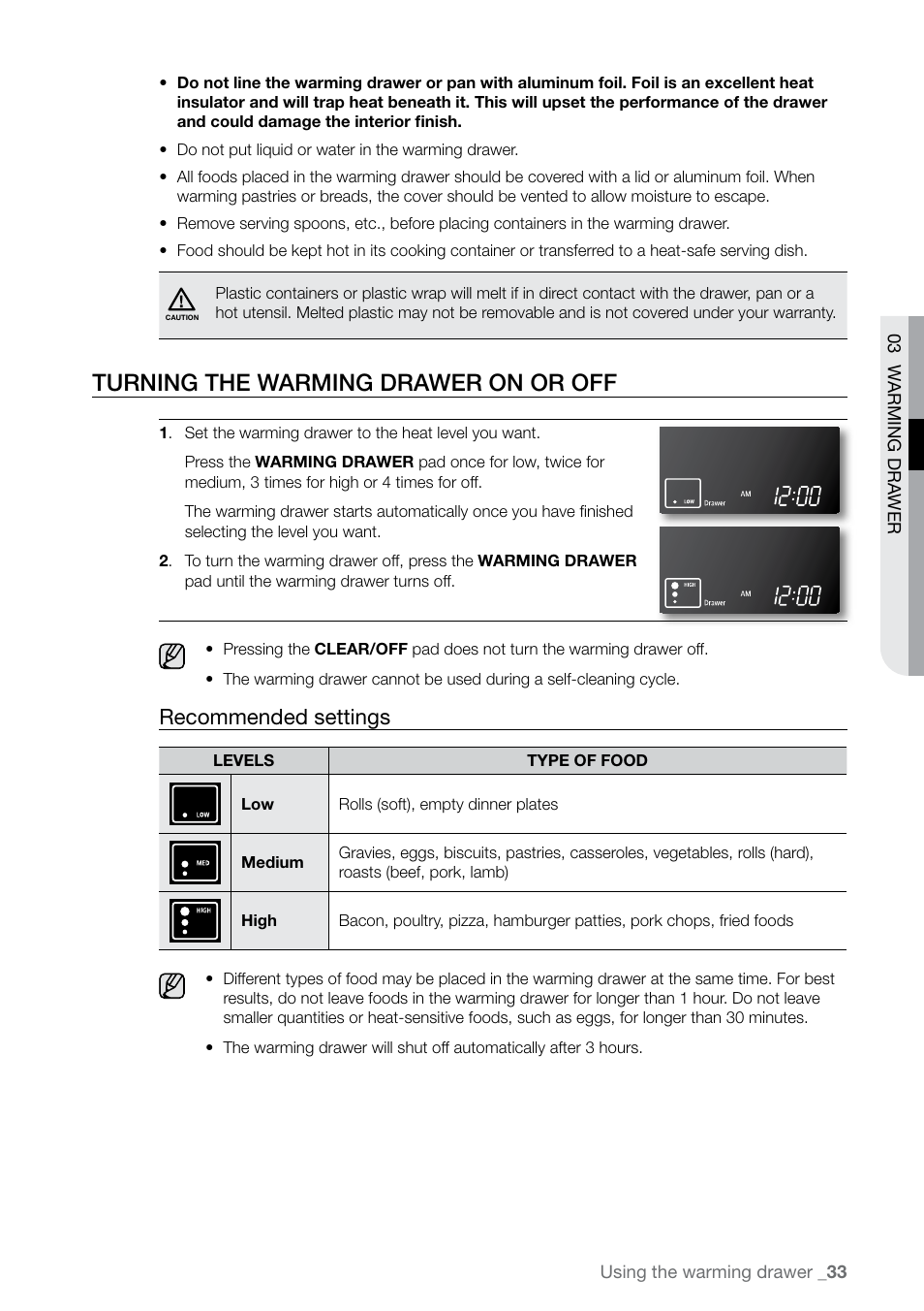Turning the warming drawer on or off, Recommended settings | Samsung FE-N500** User Manual | Page 33 / 72