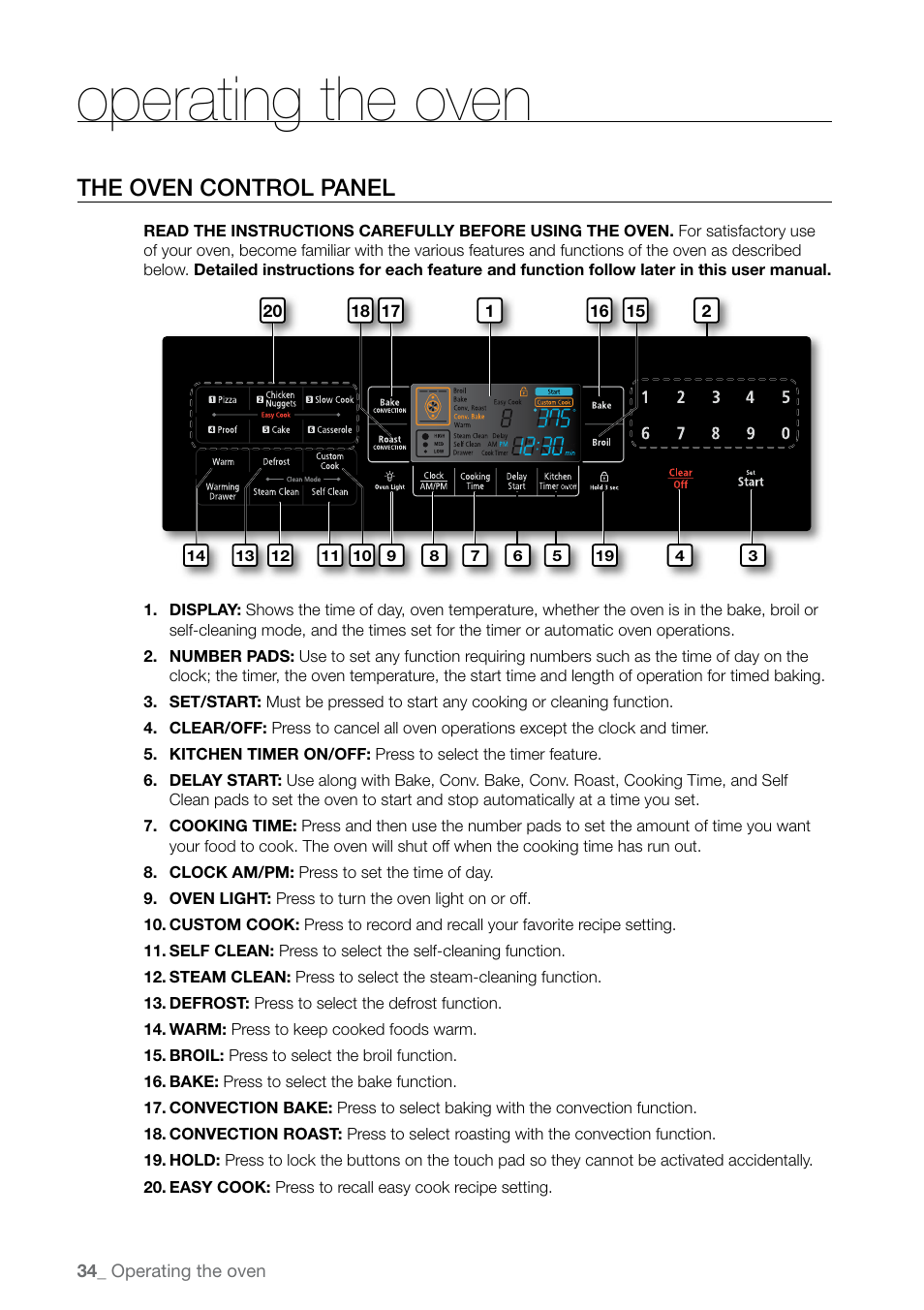 Operating the oven, The oven control panel | Samsung FE-N500** User Manual | Page 34 / 72