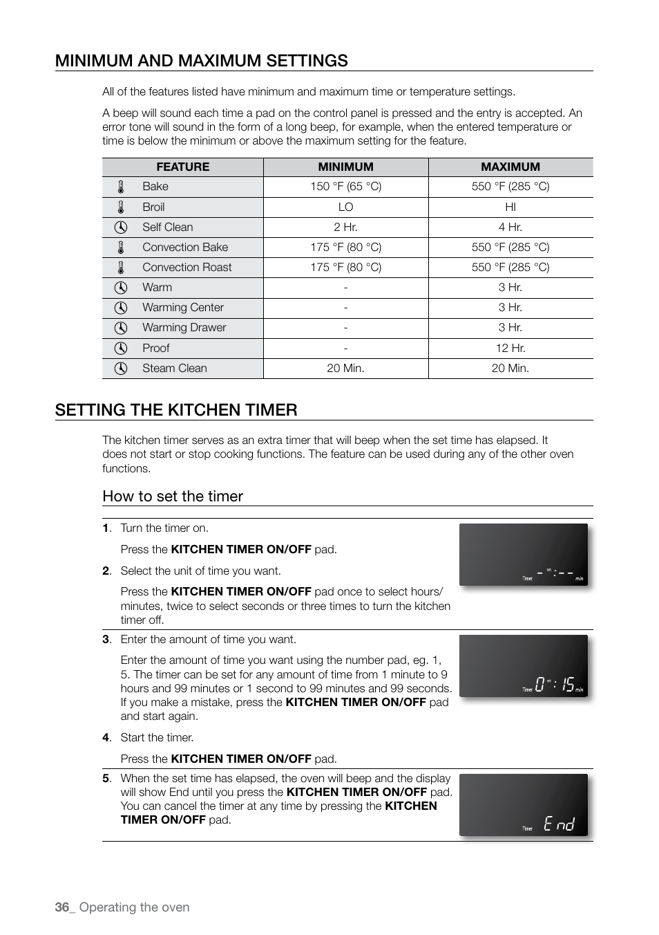 Minimum and maximum settings, Setting the kitchen timer, How to set the timer | Samsung FE-N500** User Manual | Page 36 / 72