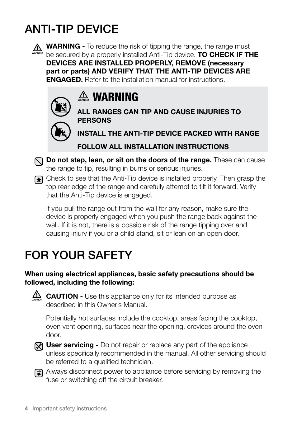 Anti-tip device, For your safety, Warning | Samsung FE-N500** User Manual | Page 4 / 72