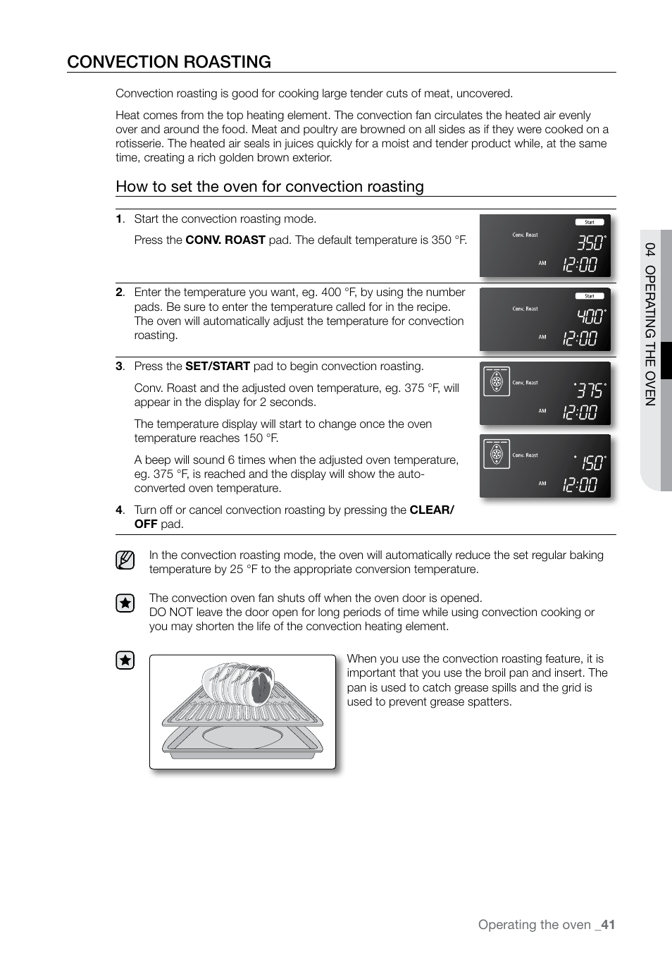 Convection roasting, How to set the oven for convection roasting | Samsung FE-N500** User Manual | Page 41 / 72