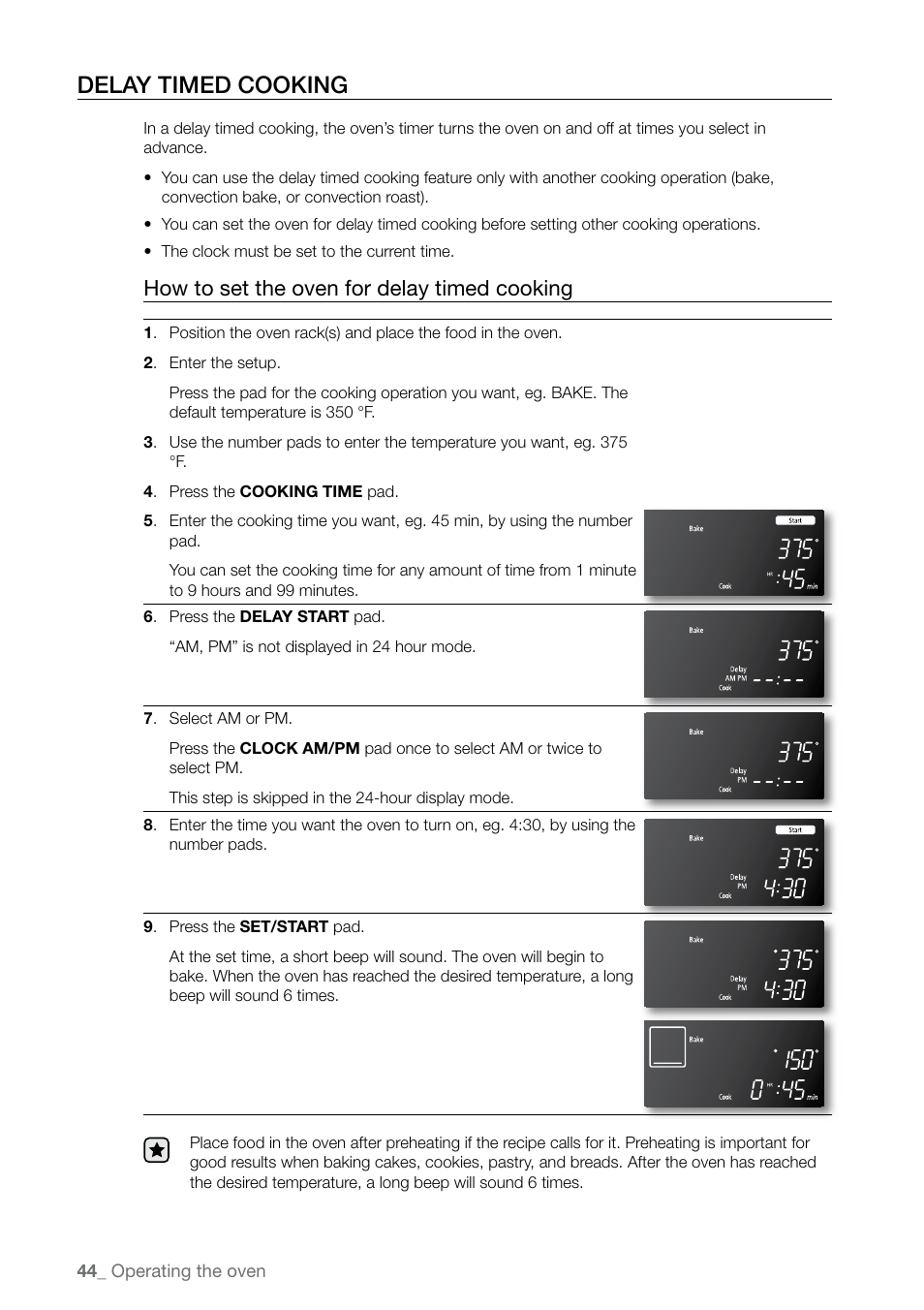 Delay timed cooking, How to set the oven for delay timed cooking | Samsung FE-N500** User Manual | Page 44 / 72
