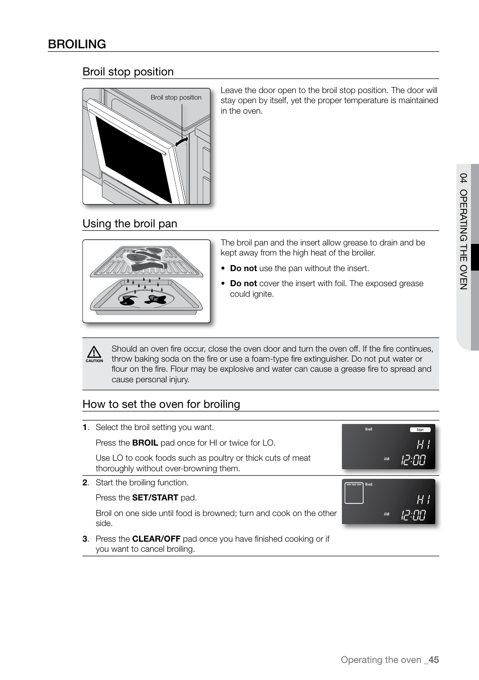 Broiling, Broil stop position, Using the broil pan | How to set the oven for broiling | Samsung FE-N500** User Manual | Page 45 / 72