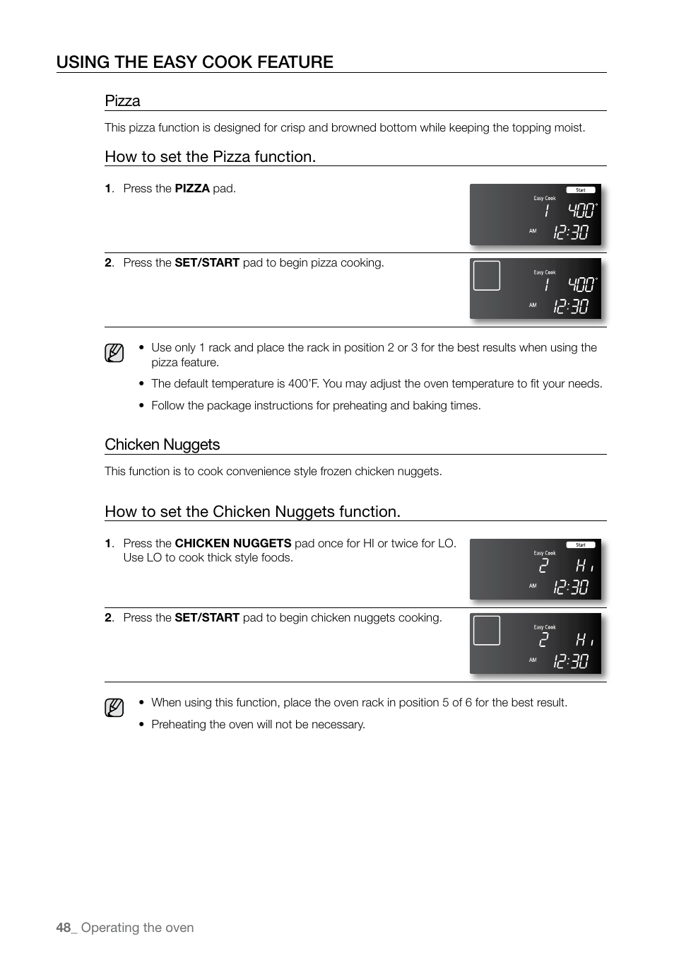 Using the easy cook feature, Pizza, How to set the pizza function | Chicken nuggets, How to set the chicken nuggets function | Samsung FE-N500** User Manual | Page 48 / 72