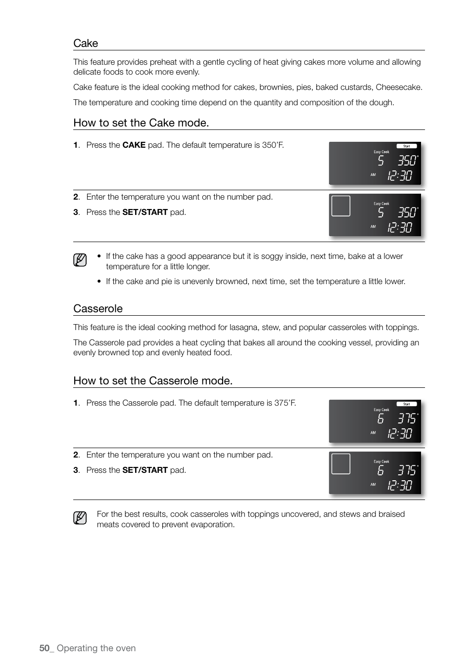 Cake, How to set the cake mode, Casserole | How to set the casserole mode | Samsung FE-N500** User Manual | Page 50 / 72