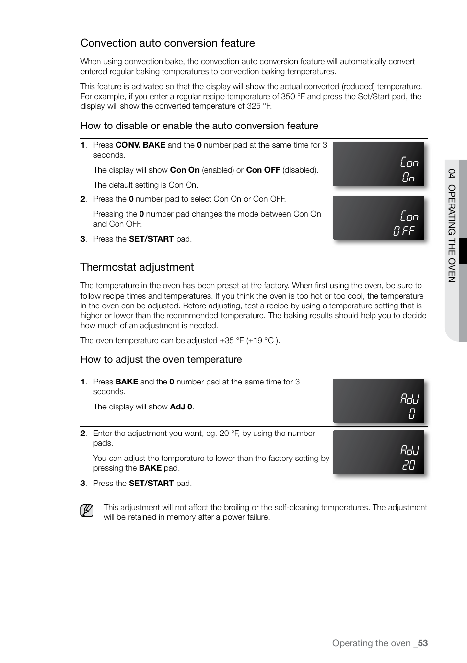 Convection auto conversion feature, Thermostat adjustment | Samsung FE-N500** User Manual | Page 53 / 72