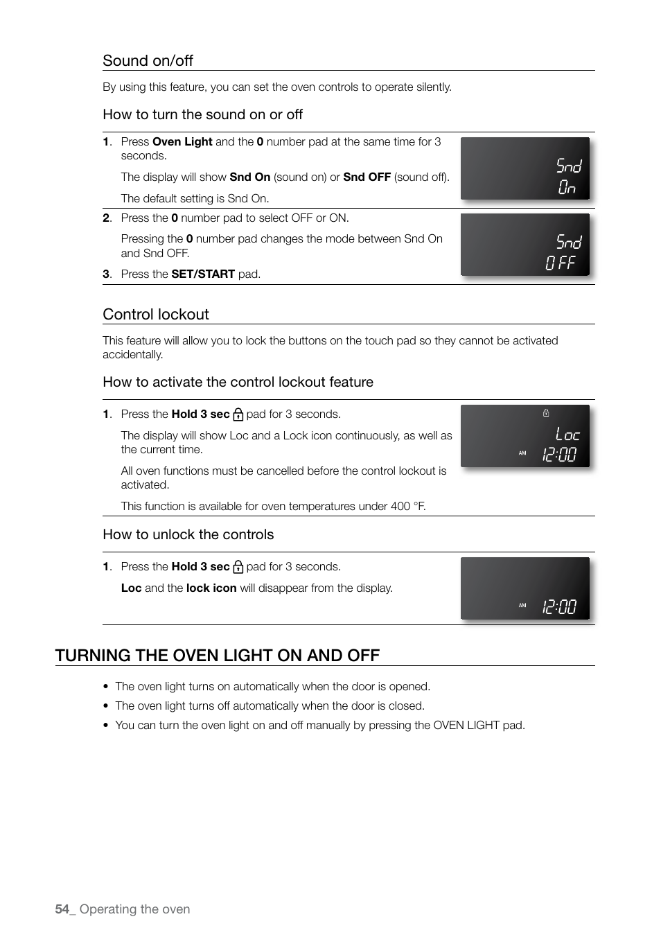 Turning the oven light on and off, Sound on/off, Control lockout | Samsung FE-N500** User Manual | Page 54 / 72