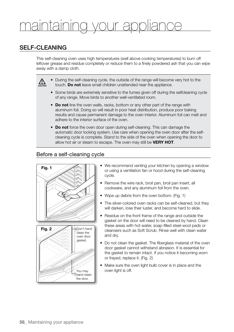 Maintaining your appliance, Self-cleaning, Before a self-cleaning cycle | Samsung FE-N500** User Manual | Page 56 / 72