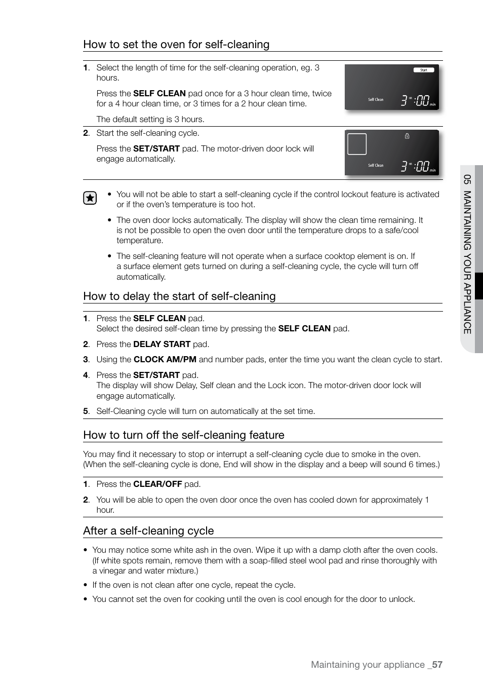 How to set the oven for self-cleaning, How to delay the start of self-cleaning, How to turn off the self-cleaning feature | After a self-cleaning cycle | Samsung FE-N500** User Manual | Page 57 / 72