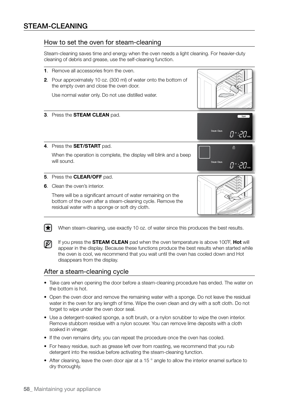 Steam-cleaning, How to set the oven for steam-cleaning, After a steam-cleaning cycle | Samsung FE-N500** User Manual | Page 58 / 72
