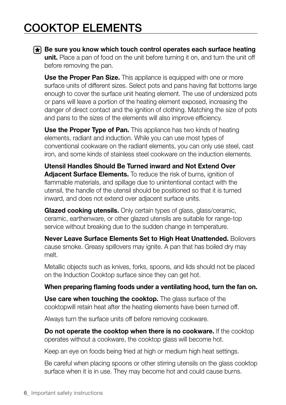 Cooktop elements | Samsung FE-N500** User Manual | Page 6 / 72