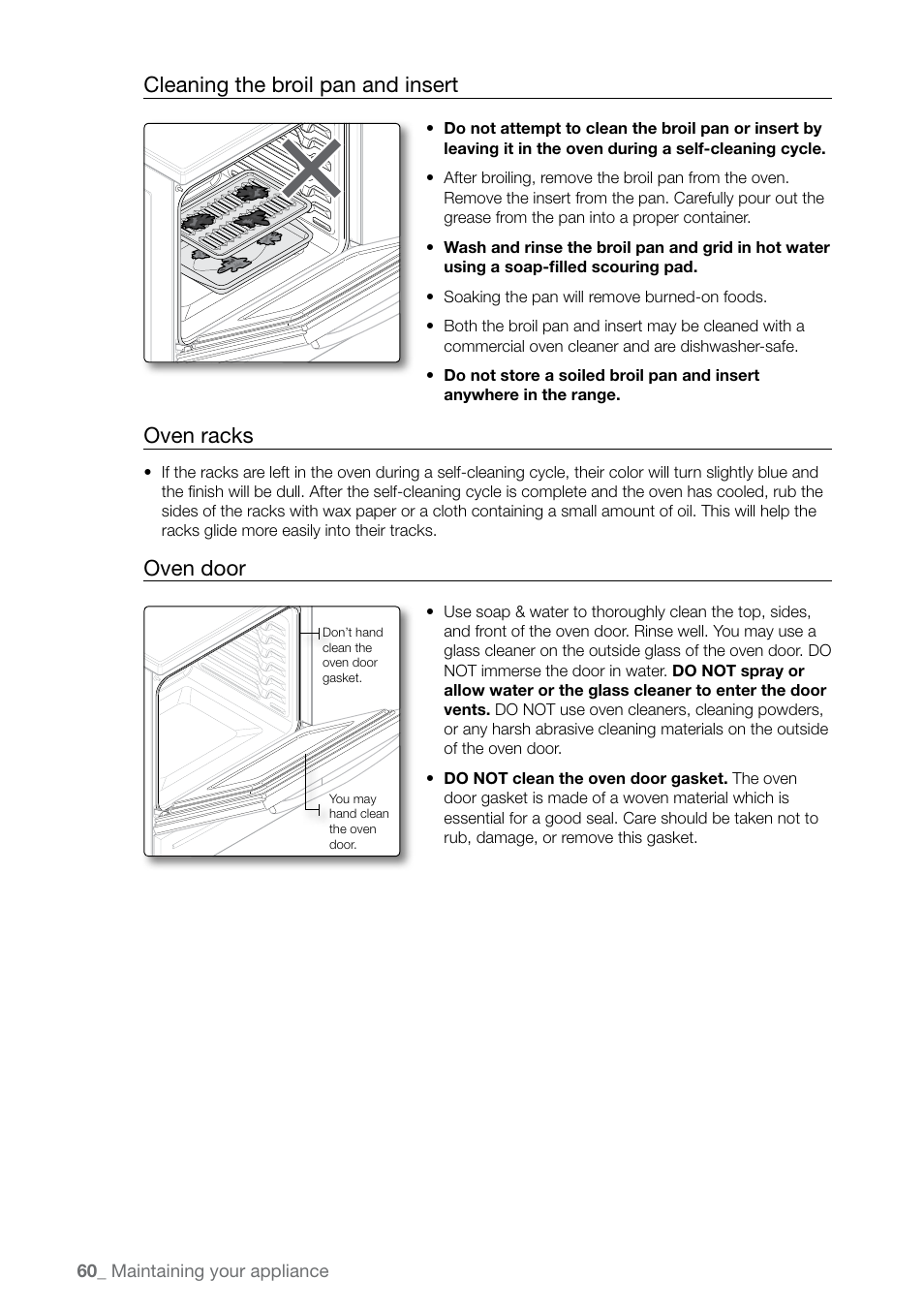 Cleaning the broil pan and insert, Oven racks, Oven door | Samsung FE-N500** User Manual | Page 60 / 72