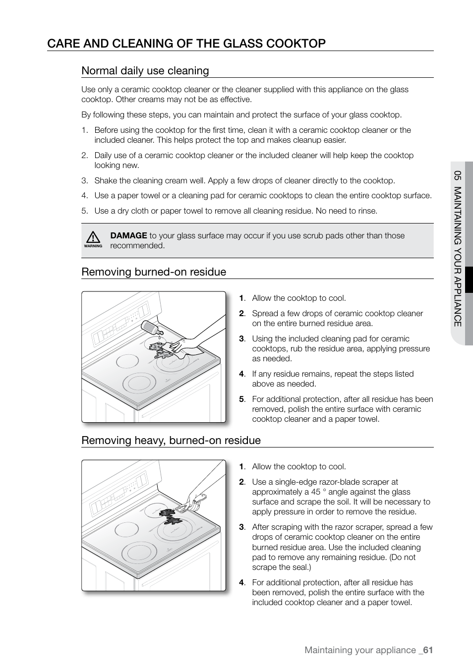 Care and cleaning of the glass cooktop, Normal daily use cleaning, Removing burned-on residue | Removing heavy, burned-on residue | Samsung FE-N500** User Manual | Page 61 / 72