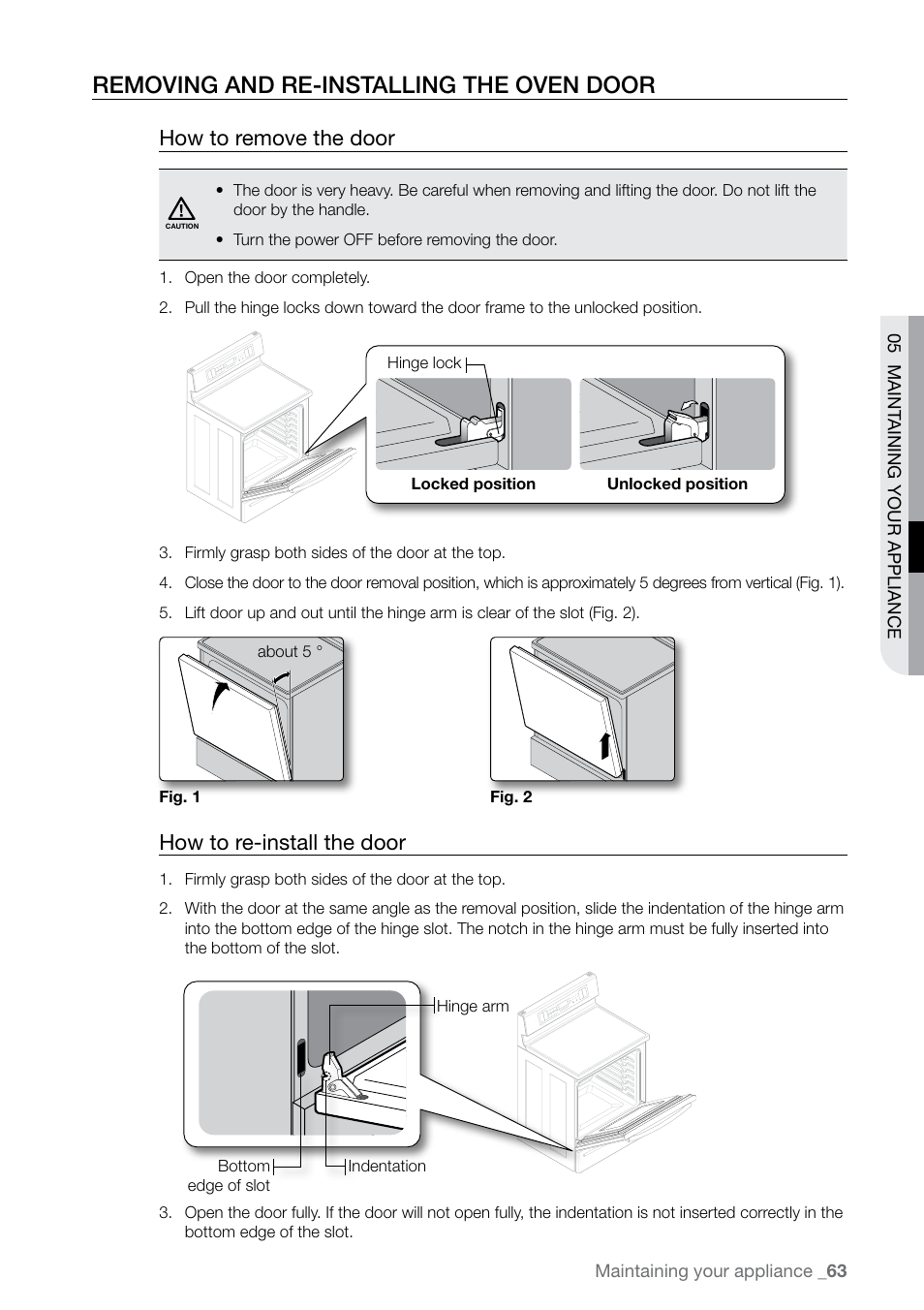 Removing and re-installing the oven door, How to remove the door, How to re-install the door | Samsung FE-N500** User Manual | Page 63 / 72