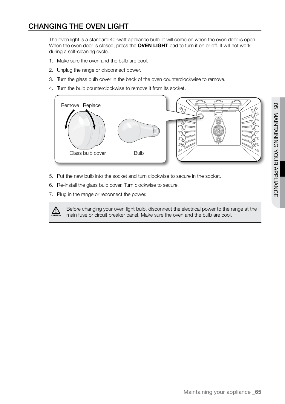 Changing the oven light | Samsung FE-N500** User Manual | Page 65 / 72