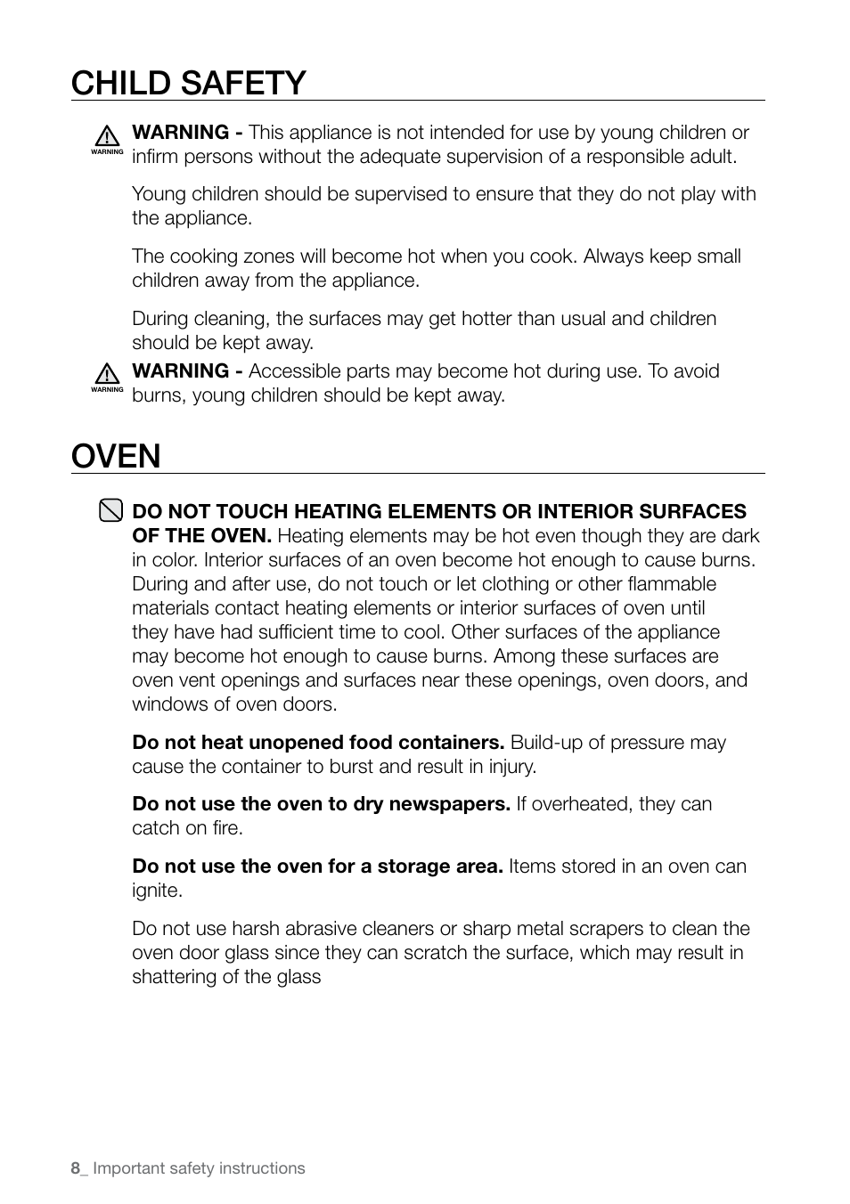 Child safety, Oven | Samsung FE-N500** User Manual | Page 8 / 72