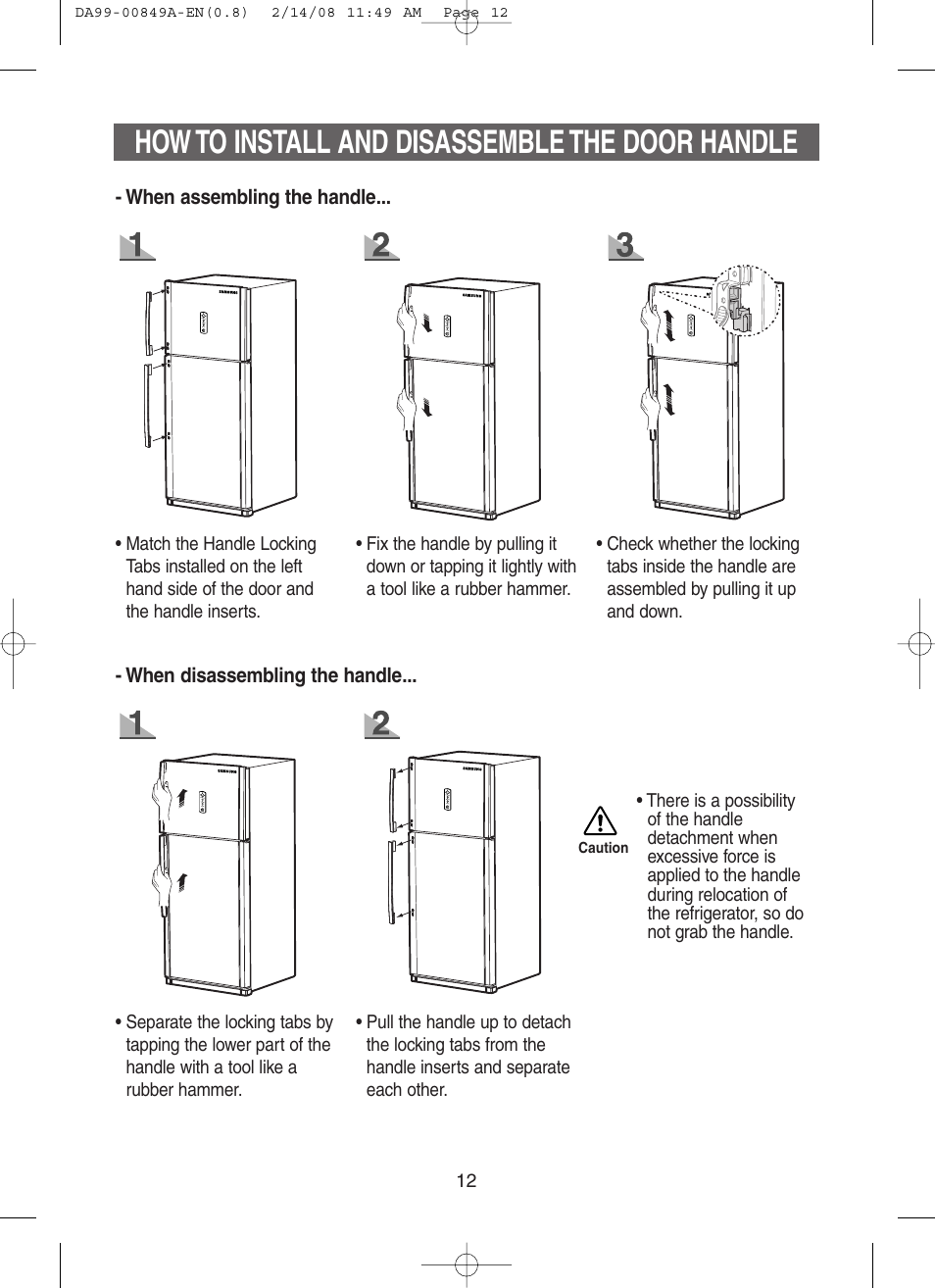 How to install and disassemble the door handle | Samsung DA99-00849A User Manual | Page 12 / 16