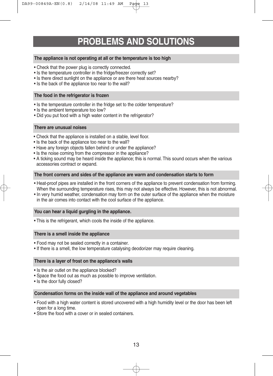 Problems and solutions | Samsung DA99-00849A User Manual | Page 13 / 16